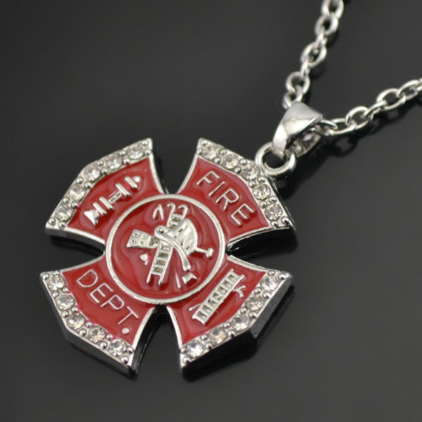 Firefighter Red Enamel Cross Pendant